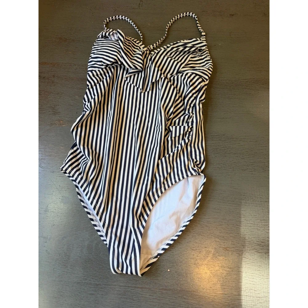 Isabel Maternity Navy White Striped Ruffle One Piece Swimsuit Small